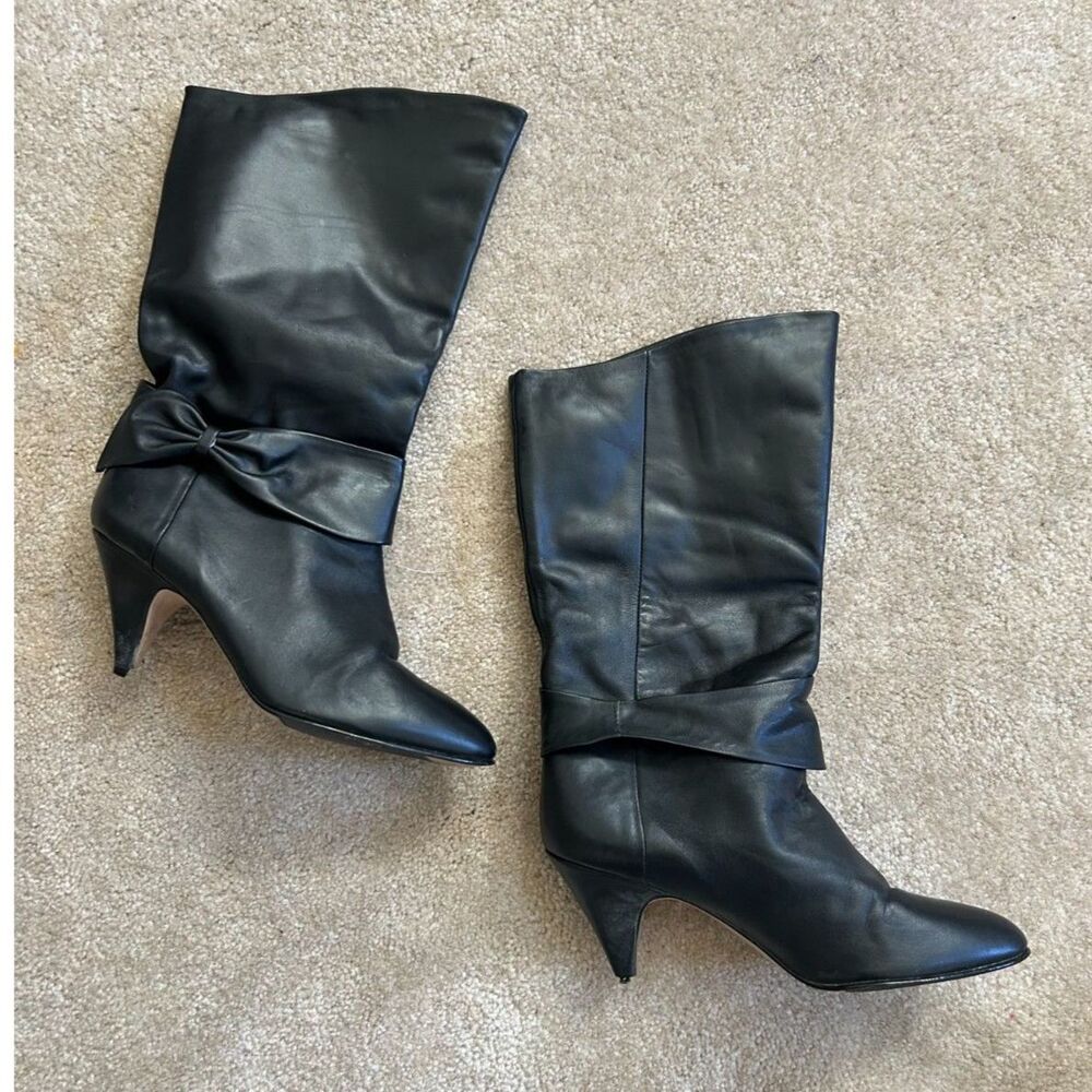 Vintage 80s Black Leather Mid Calf Slouchy Cone Heel Boots with Bow Detail